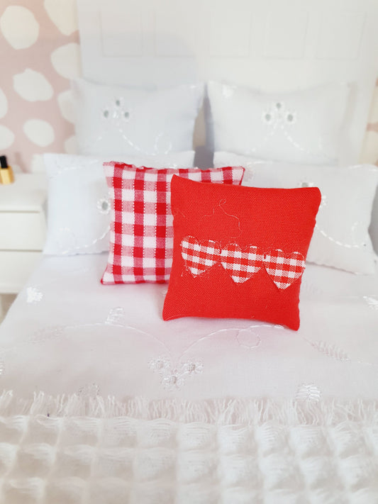 Red Check & Heart Cushions – Pair | 1:12 scale dolls house miniature