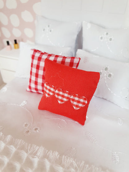 Red Check & Heart Cushions – Pair – alternate view 4 | 1:12 scale dolls house miniature
