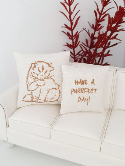 Gold Cat Quote Cushions – Pair | 1:12 scale dolls house miniature