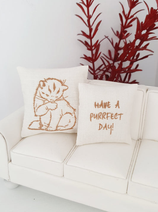 Gold Cat Quote Cushions – Pair | 1:12 scale dolls house miniature
