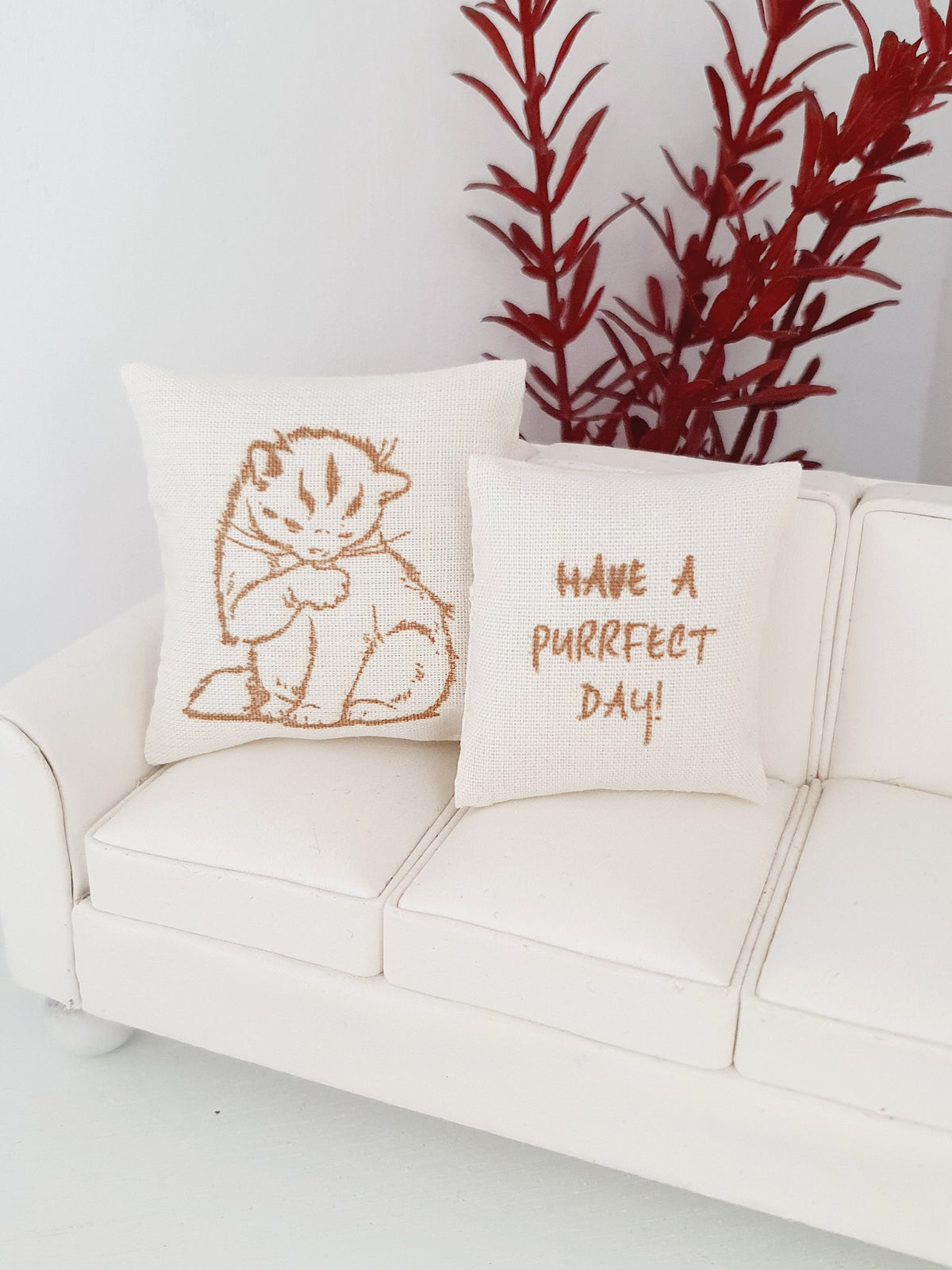 Gold Cat Quote Cushions – Pair – alternate view 2 | 1:12 scale dolls house miniature