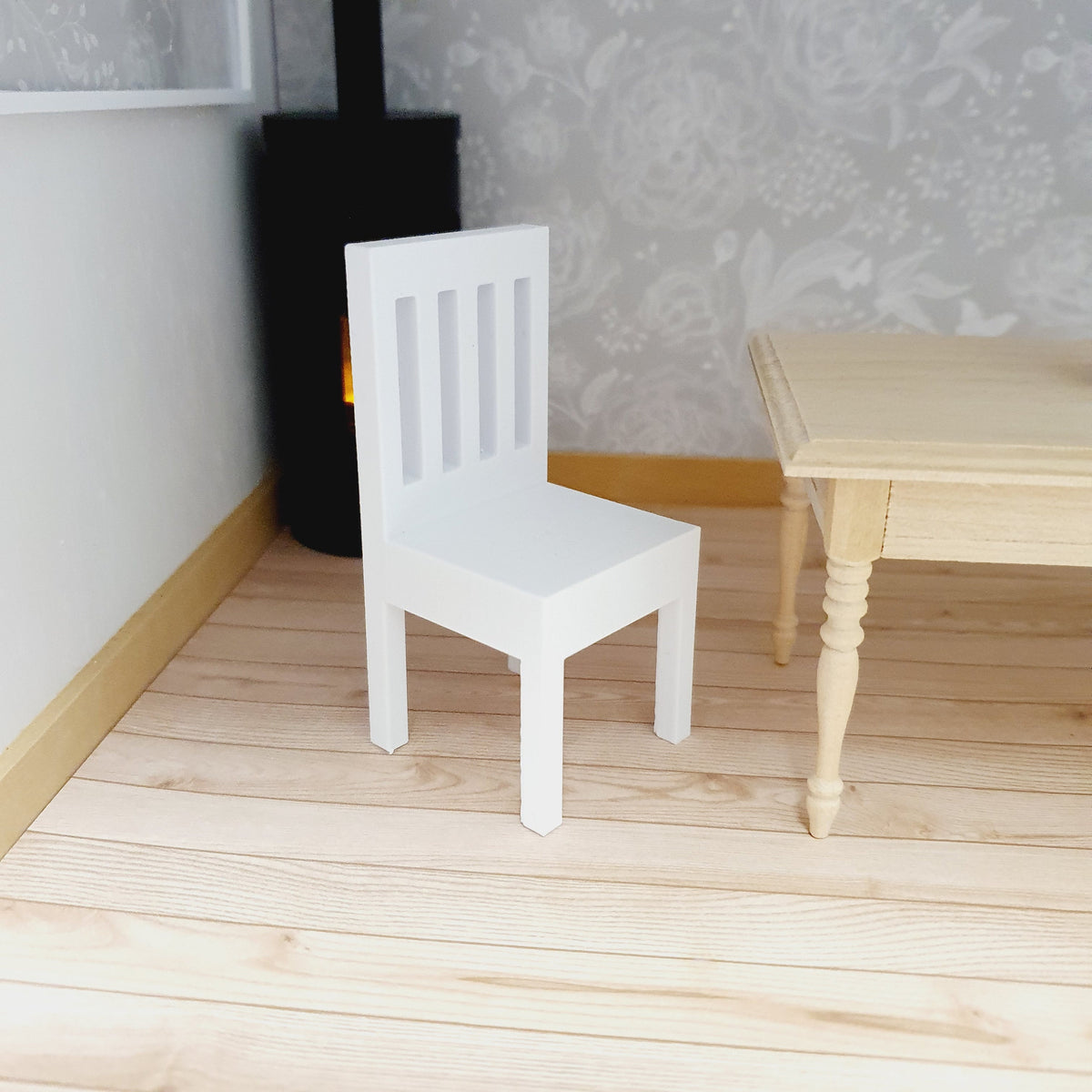 dollhouse white chair, H: 8cm D: 3.7cm W: 3.7cm, straight back with 4 long holes in the back of chair, 12th scale miniature, 3d printed