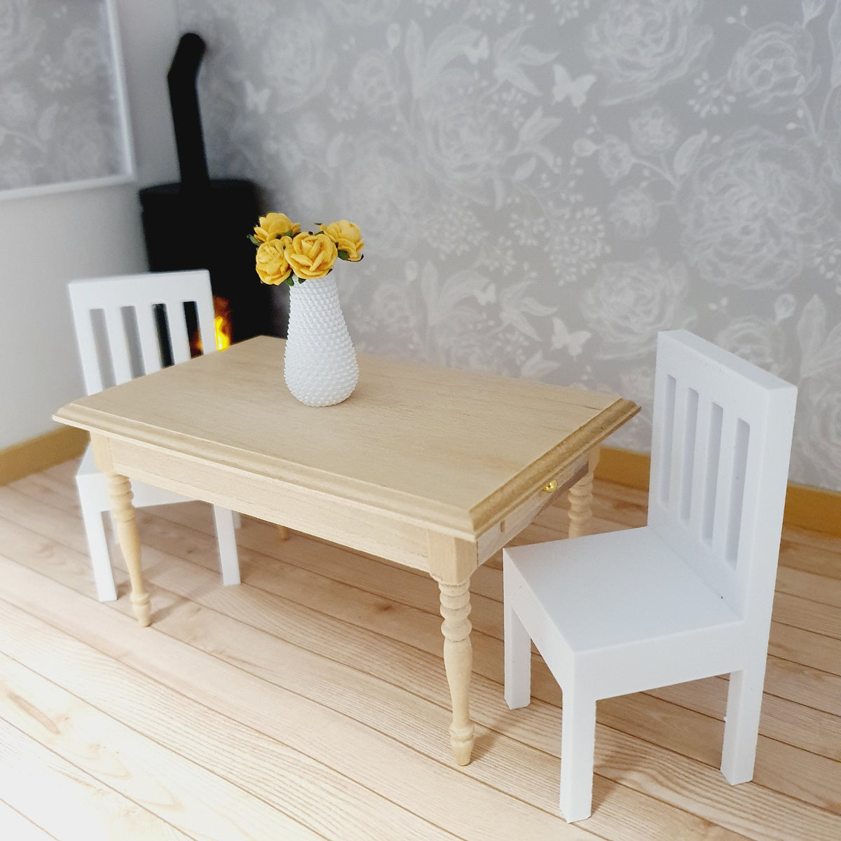 dollhouse white chair, H: 8cm D: 3.7cm W: 3.7cm, straight back with 4 long holes in the back of chair, 12th scale miniature, 3d printed