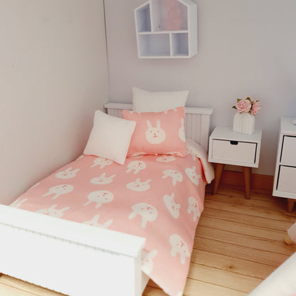 Pink Rabbits Single Bedding Set – alternate view 2 | 1:12 scale dolls house miniature