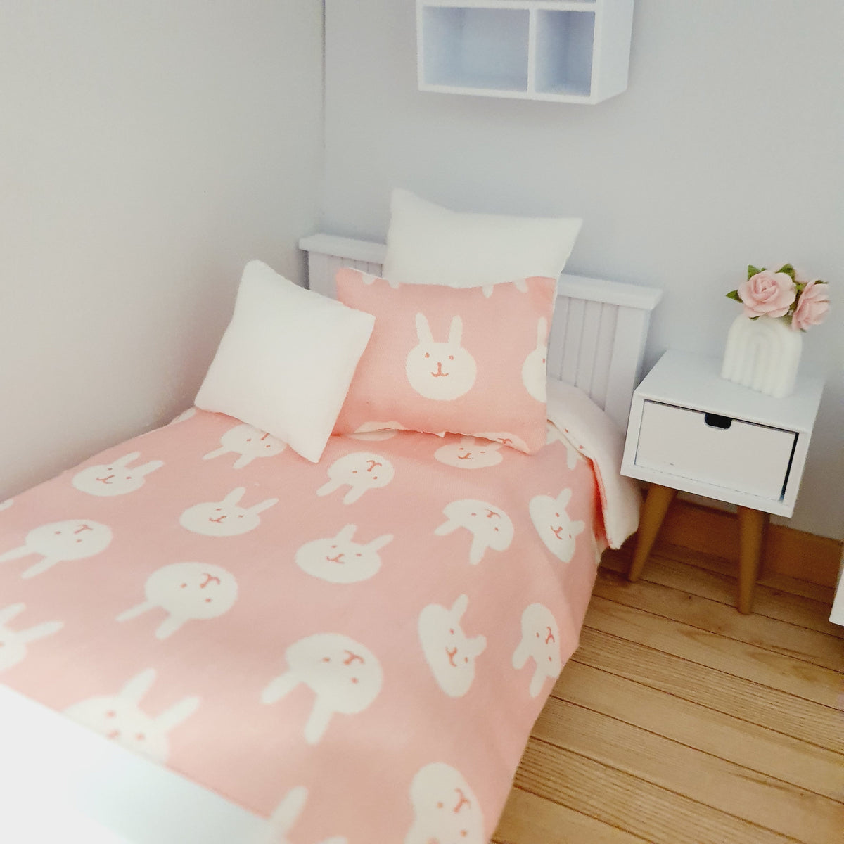 Pink Rabbits Single Bedding Set | 1:12 scale dolls house miniature