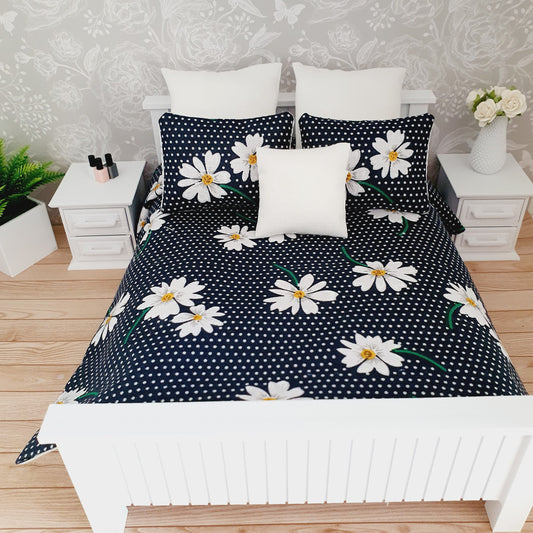 Navy & White Floral Double Bedding – alternate view 2 | 1:12 scale dolls house miniature