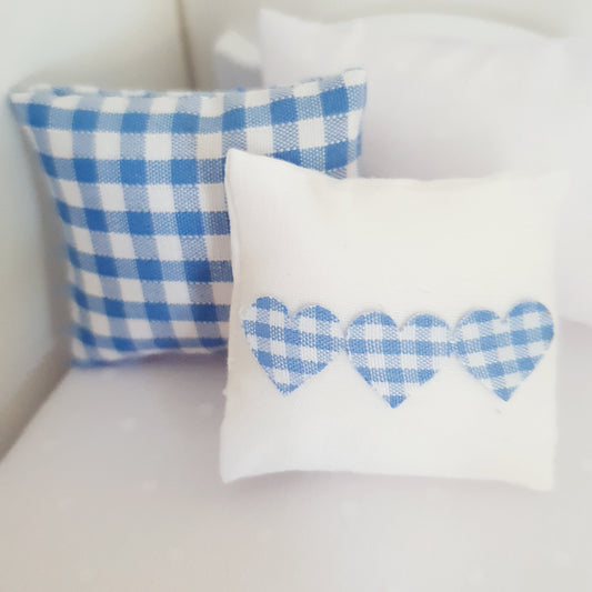 Blue Check & Heart Cushions – Pair – alternate view 2 | 1:12 scale dolls house miniature