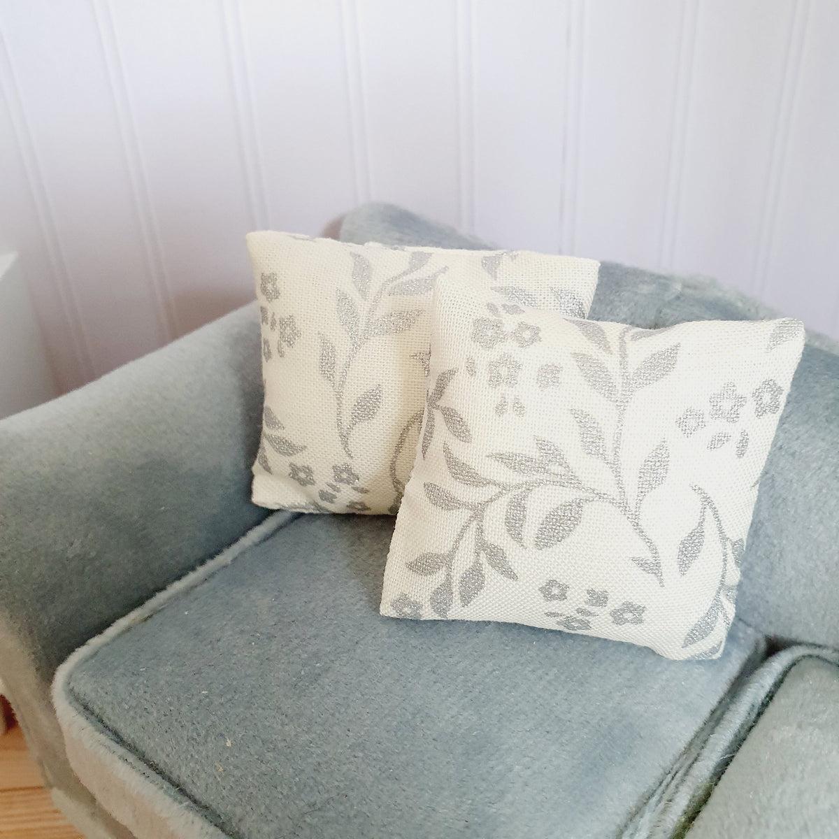 Cream with Silver Leaf cushion Pair – alternate view 2 | 1:12 scale dolls house miniature