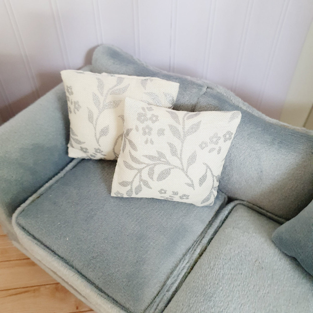 Cream with Silver Leaf cushion Pair – alternate view 4 | 1:12 scale dolls house miniature