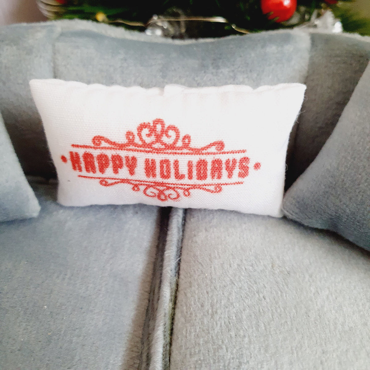 Christmas Happy Holidays Cushion – alternate view 2 | 1:12 scale dolls house miniature