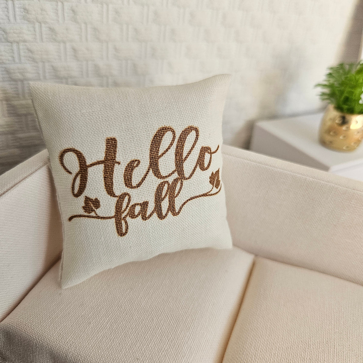 Hello Fall Quote Cushion – alternate view 2 | 1:12 scale dolls house miniature