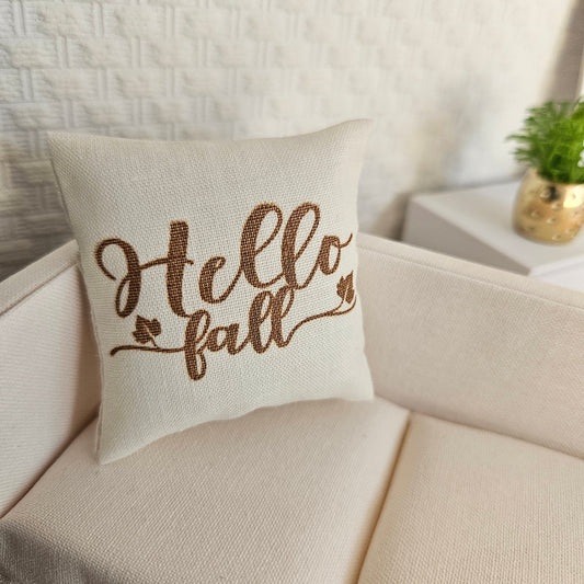 Hello Fall Quote Cushion – alternate view 2 | 1:12 scale dolls house miniature