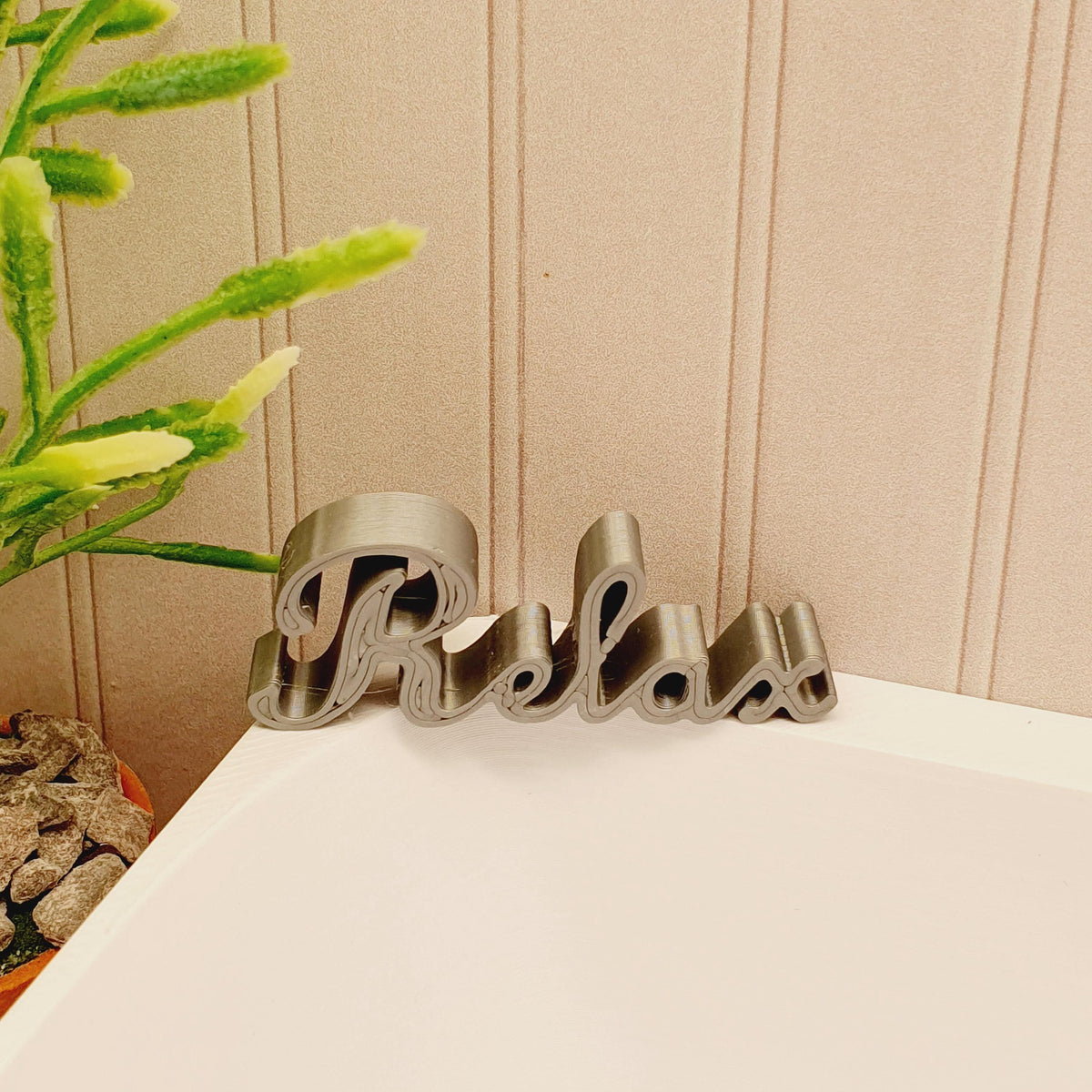 dollhouse bath sign, word relax, silver, H: 1.4 cm W: 3.8cm D: 0.7 cm,3d printed, 12thscale miniature