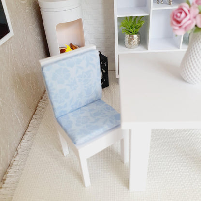 dollhouse white chair, H: 8cm D: 3.7cm W: 3.7cm, straight back chair, fabric floral blue seat pad on bottom and back of seat, 12th scale miniature, 3d printed