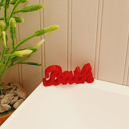 dollhouse bath sign, word bath, red, H: 1.3 cm W: 3 cm D: 0.5 cm 3d printed, 12thscale miniature