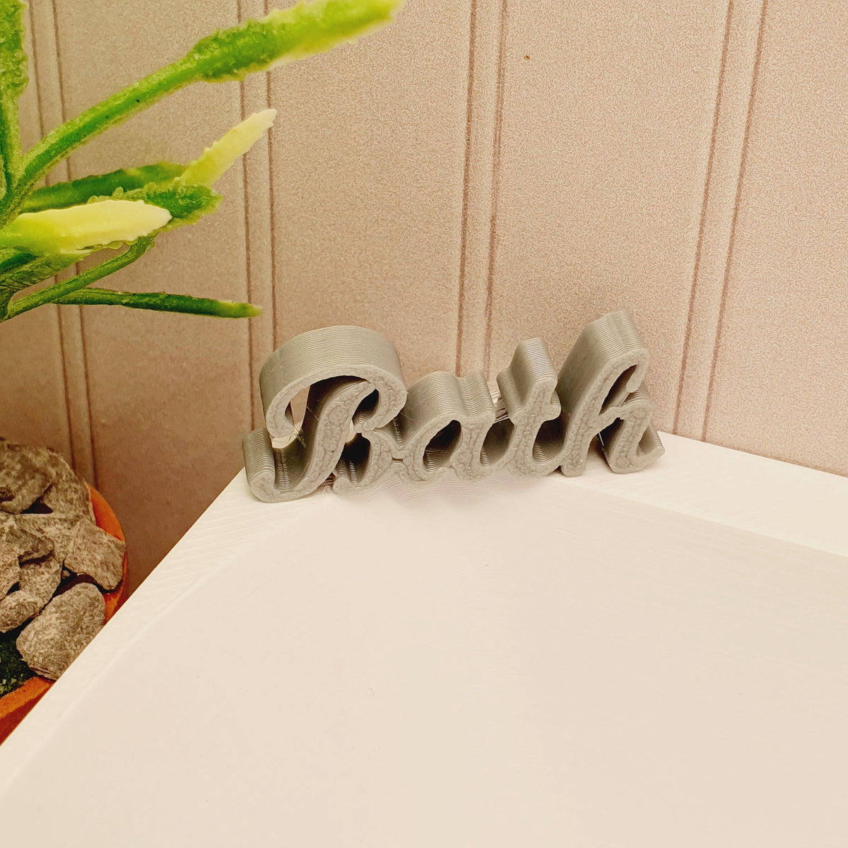 dollhouse bath sign, word bath, silver, H: 1.3 cm W: 3 cm D: 0.5 cm 3d printed, 12thscale miniature