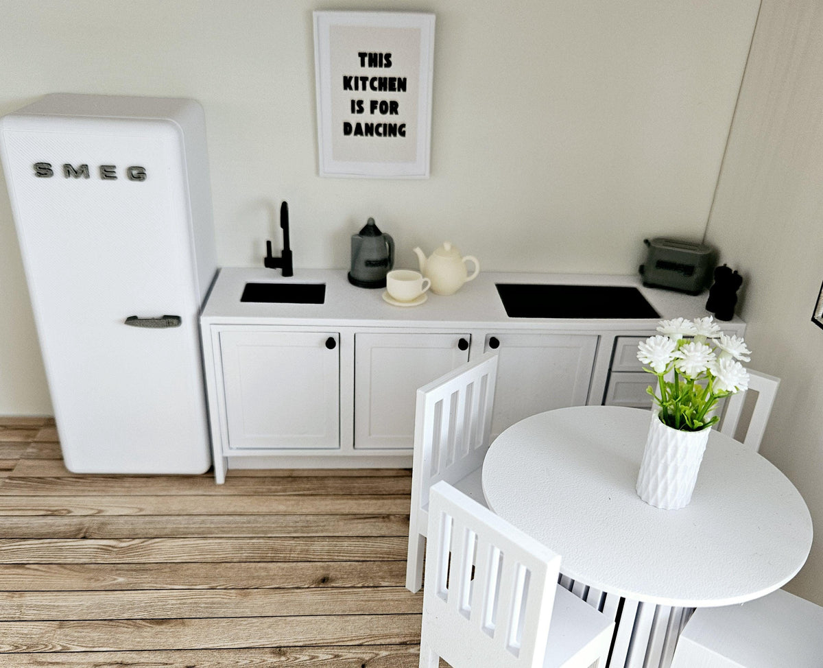 dolls house kitchen set, includes, Smeg fridge, 3 drawer,3 cupboard kitchen unit with sink, tap, and induction hob