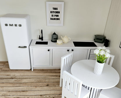 dolls house kitchen set, includes, Smeg fridge, 3 drawer,3 cupboard kitchen unit with sink, tap, and induction hob