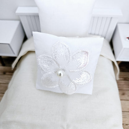 White Flower Cushion – alternate view 2 | 1:12 scale dolls house miniature