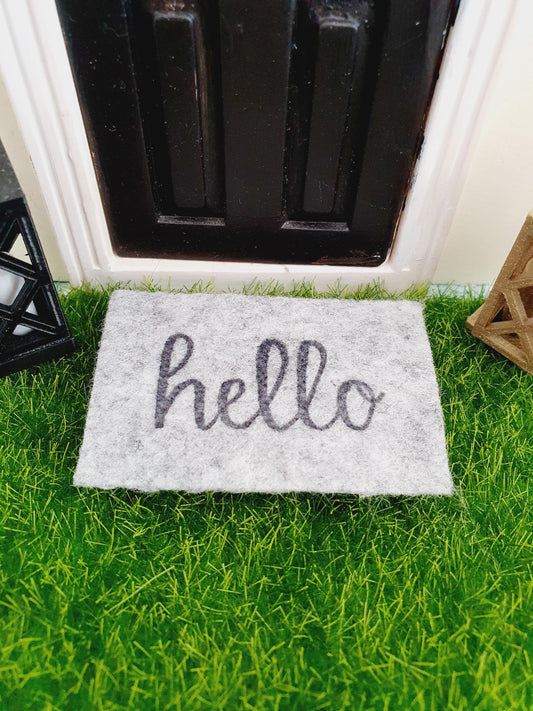 Hello Grey Fabric Doormat | 1:12 scale dolls house miniature