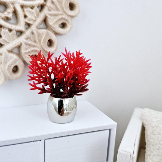Silver Plant Pot with Red Plant | 1:12 scale dolls house miniature