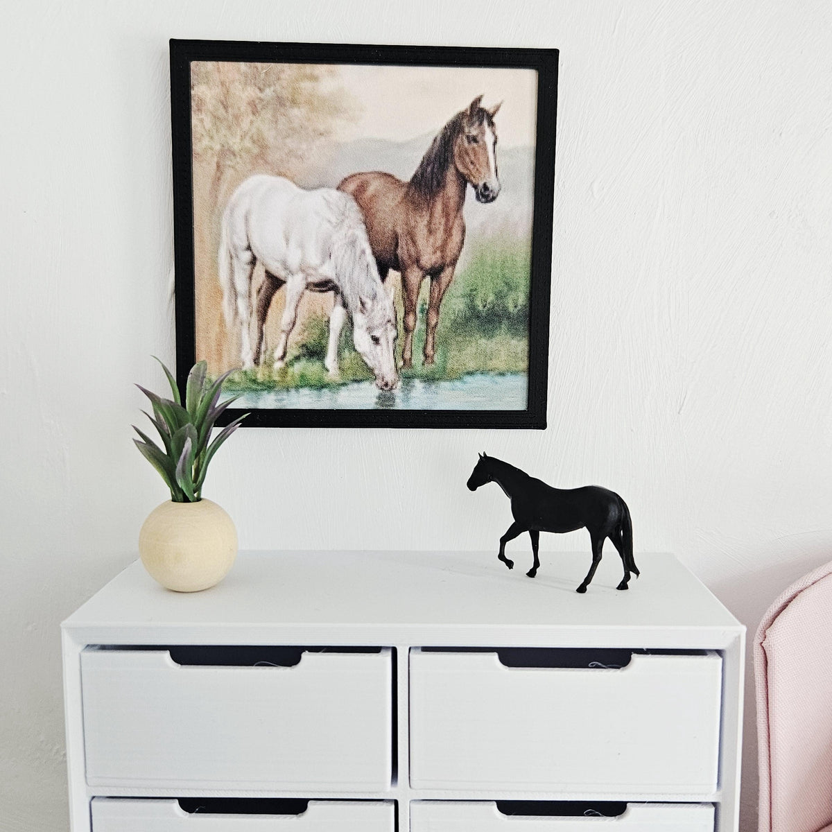 Dolls House Horse Wall Art | Framed Picture with Two Horses (Drinking Scene) | Miniature Decor | 1:12 Scale