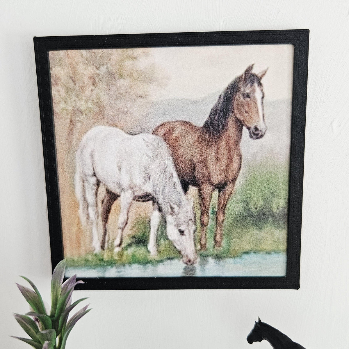 Dolls House Horse Wall Art | Framed Picture with Two Horses (Drinking Scene) | Miniature Decor | 1:12 Scale