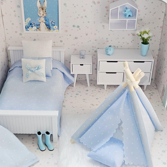 Dolls House in a Travel Suitcase, Pretty Blue Polka Dot design, 12th Scale, Miniature case