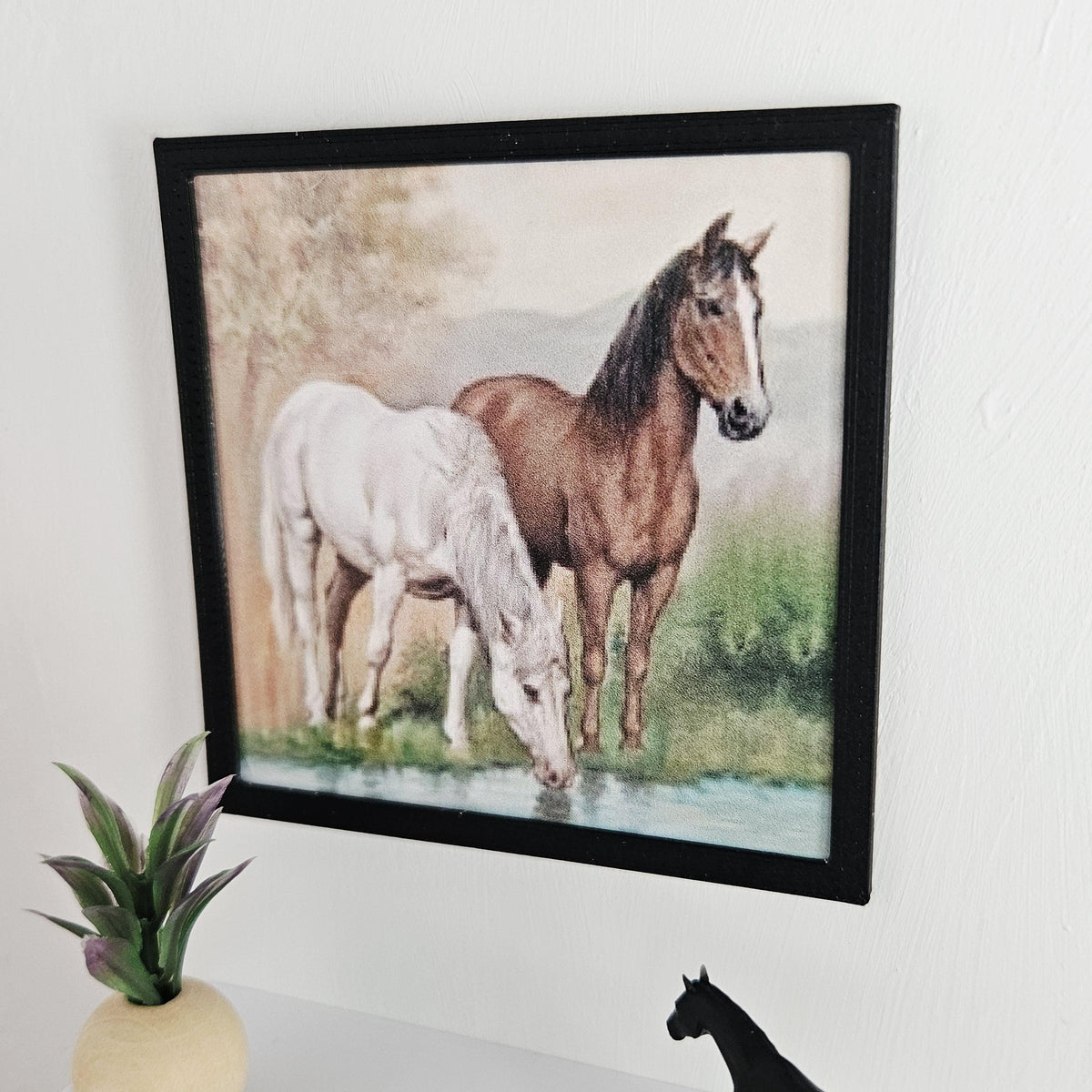 Dolls House Horse Wall Art | Framed Picture with Two Horses (Drinking Scene) | Miniature Decor | 1:12 Scale