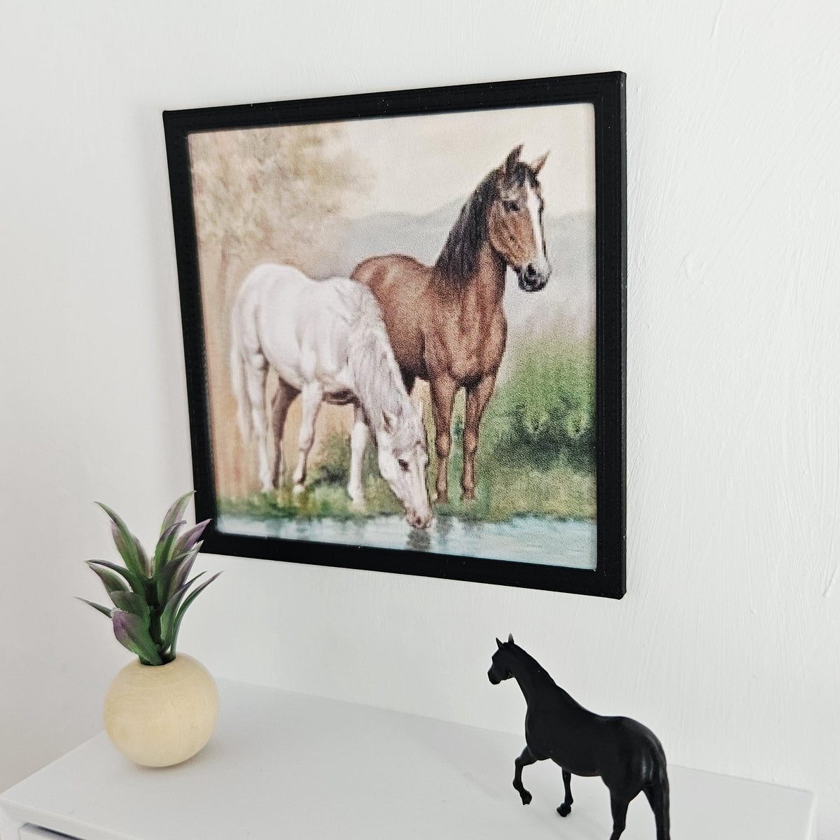 Dolls House Horse Wall Art | Framed Picture with Two Horses (Drinking Scene) | Miniature Decor | 1:12 Scale