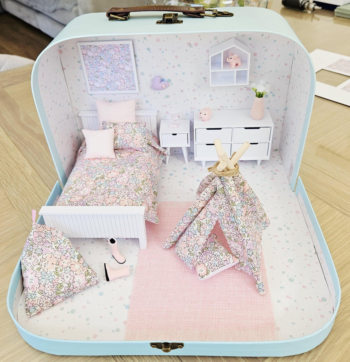 Pale Blue Liberty Michelle Suitcase | 1:12 scale dolls house miniature