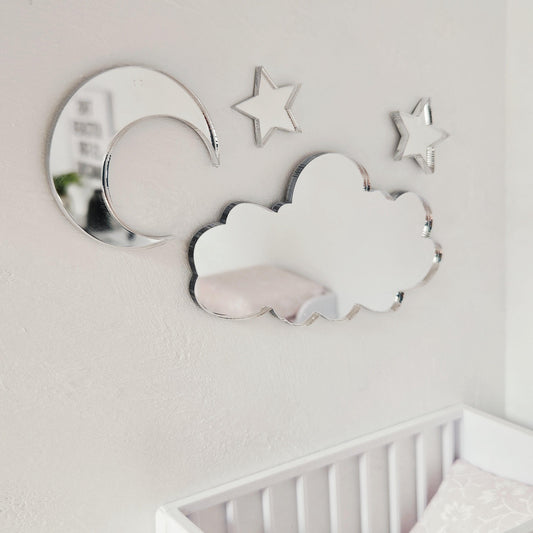 Dolls House Cloud, Moon & Stars Mirror Set – 1:12 Scale Silver Mirrors