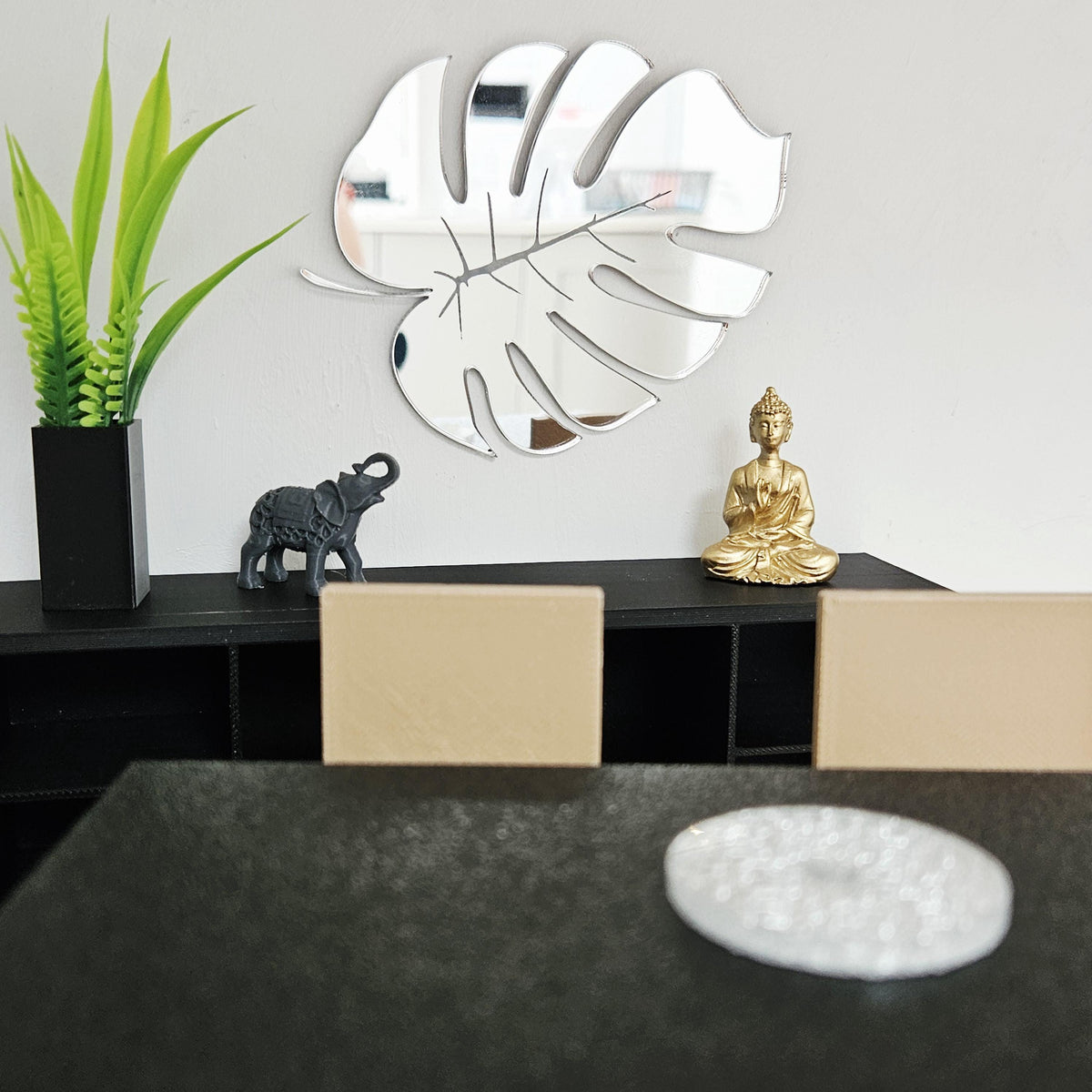 Dolls House Monstera Leaf Mirror | Silver Acrylic Wall Mirror | Tropical Decor | 1:12 Scale