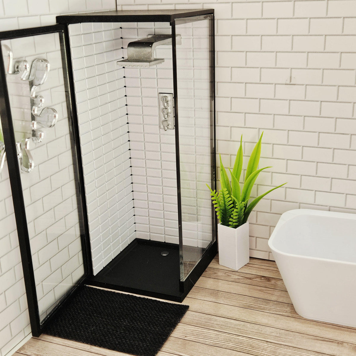Dolls House Modern Shower Cubicle | Black Frame with Clear Door | Metro Tile Interior | 1:12 Scale