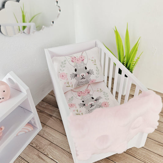 Dolls House Cot Bedding Set – Handmade Rabbit Design, 1:12 Scale
