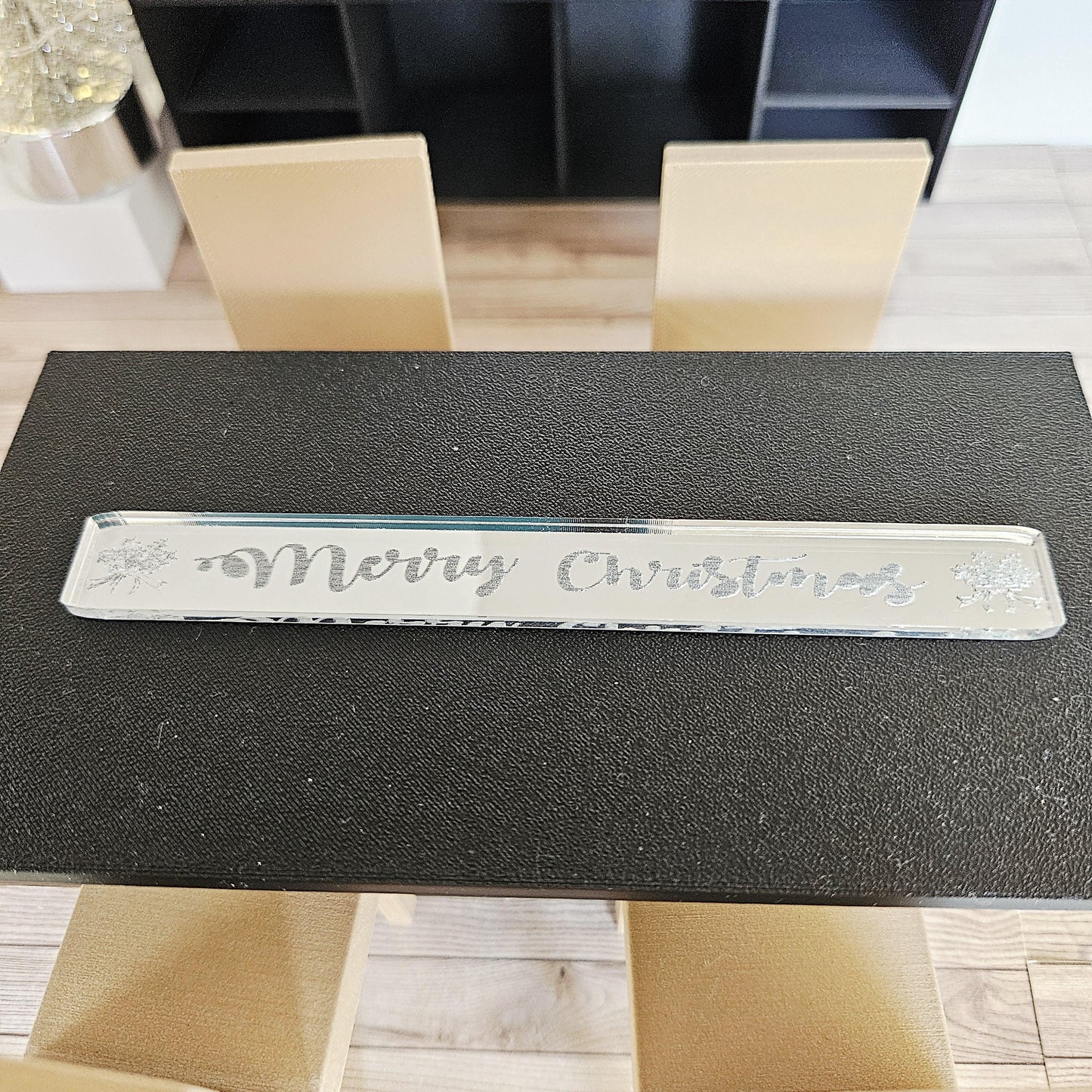 Miniature Merry Christmas Mirror Table Runner – 1:12 Scale Dollhouse Silver Acrylic Festive Centrepiece