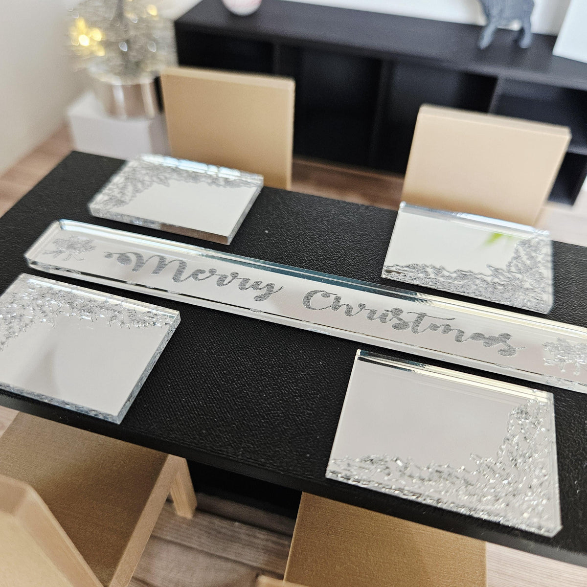 Dolls House Christmas Mirror Dining Set | Snowflake Table Runner & Placemats | Festive Decor | 1:12 Scale