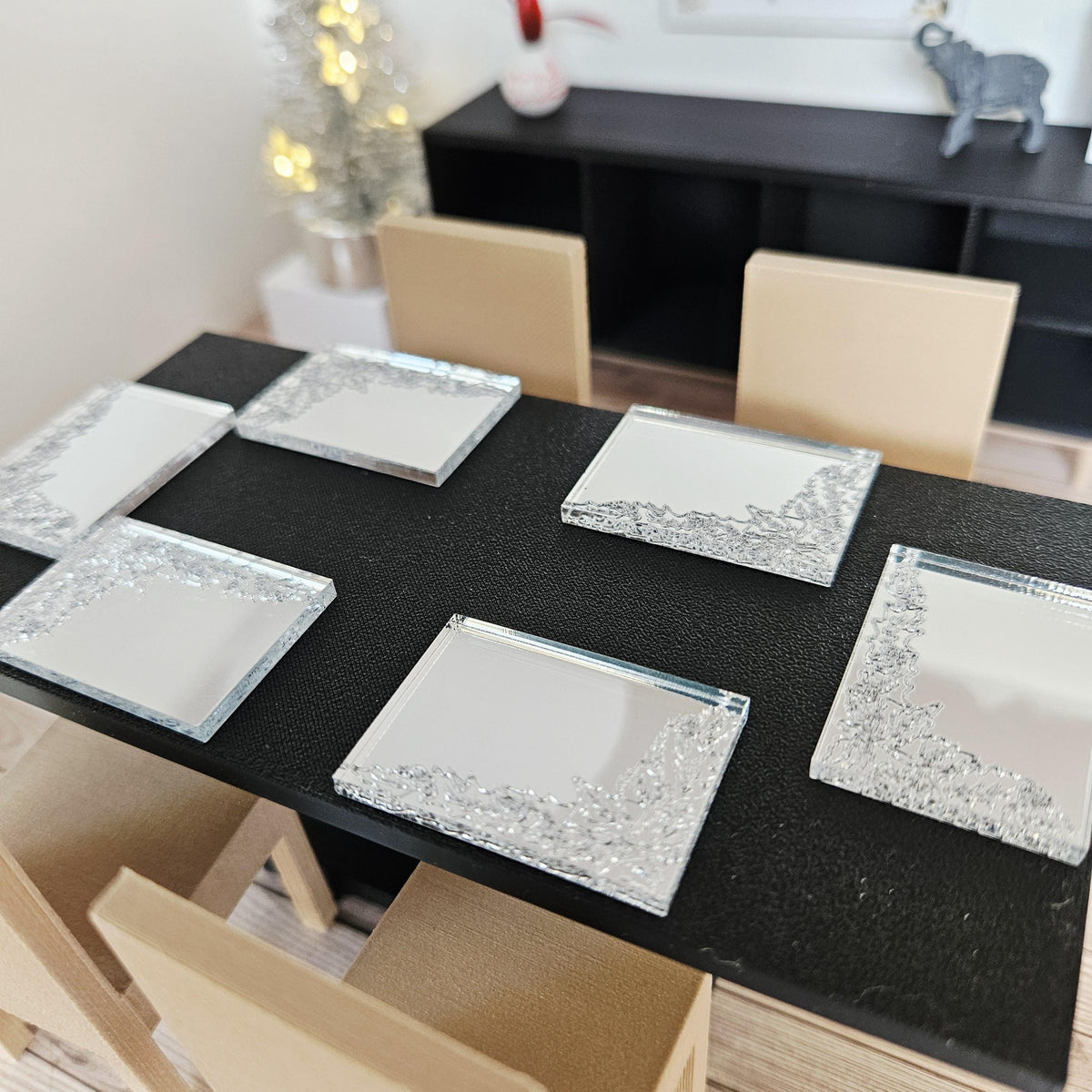 Dolls House Christmas Mirror Dining Set | Snowflake Table Runner & Placemats | Festive Decor | 1:12 Scale