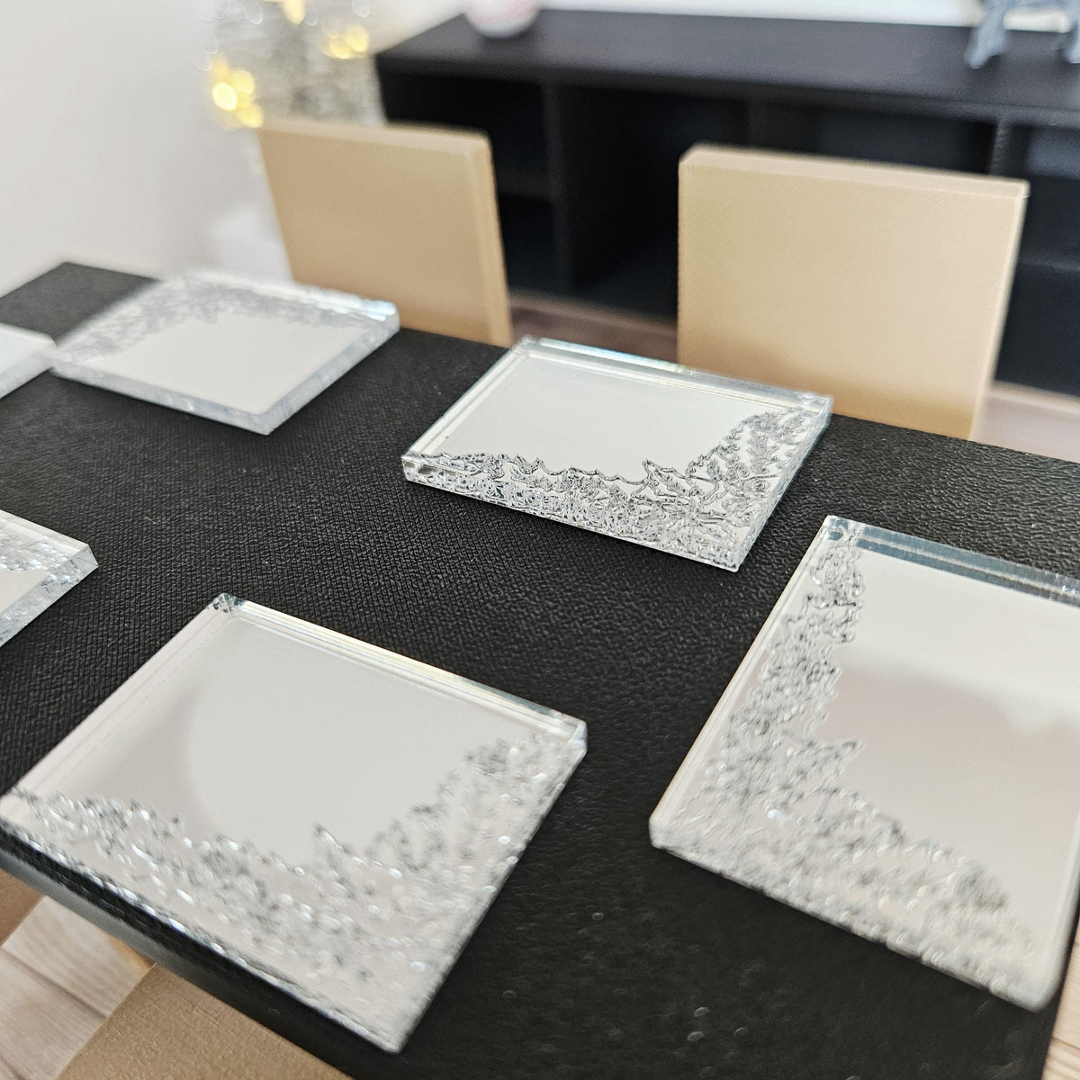 Dolls House Christmas Mirror Dining Set | Snowflake Table Runner & Placemats | Festive Decor | 1:12 Scale