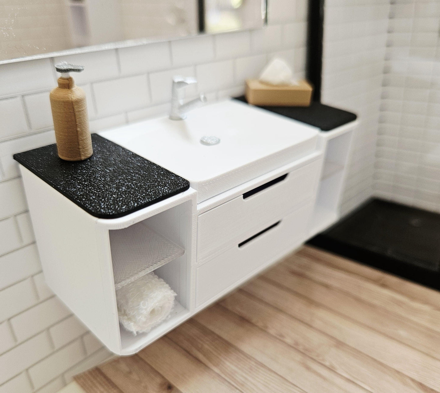 Dolls House Wall Hung Bathroom Vanity – 2 Drawers & Glass Effect Shelves | 1:12 Scale