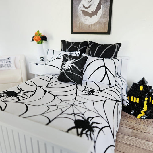 Dolls House Halloween Bedding Set, Spider Web Print, 12th Scale