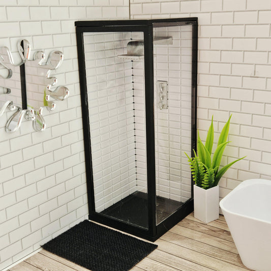Dolls House Modern Shower Cubicle | Black Frame with Clear Door | Metro Tile Interior | 1:12 Scale