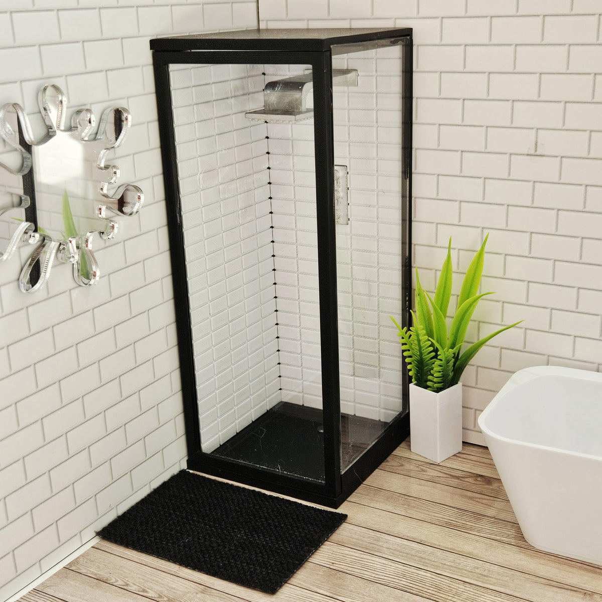 Dolls House Modern Shower Cubicle | Black Frame with Clear Door | Metro Tile Interior | 1:12 Scale
