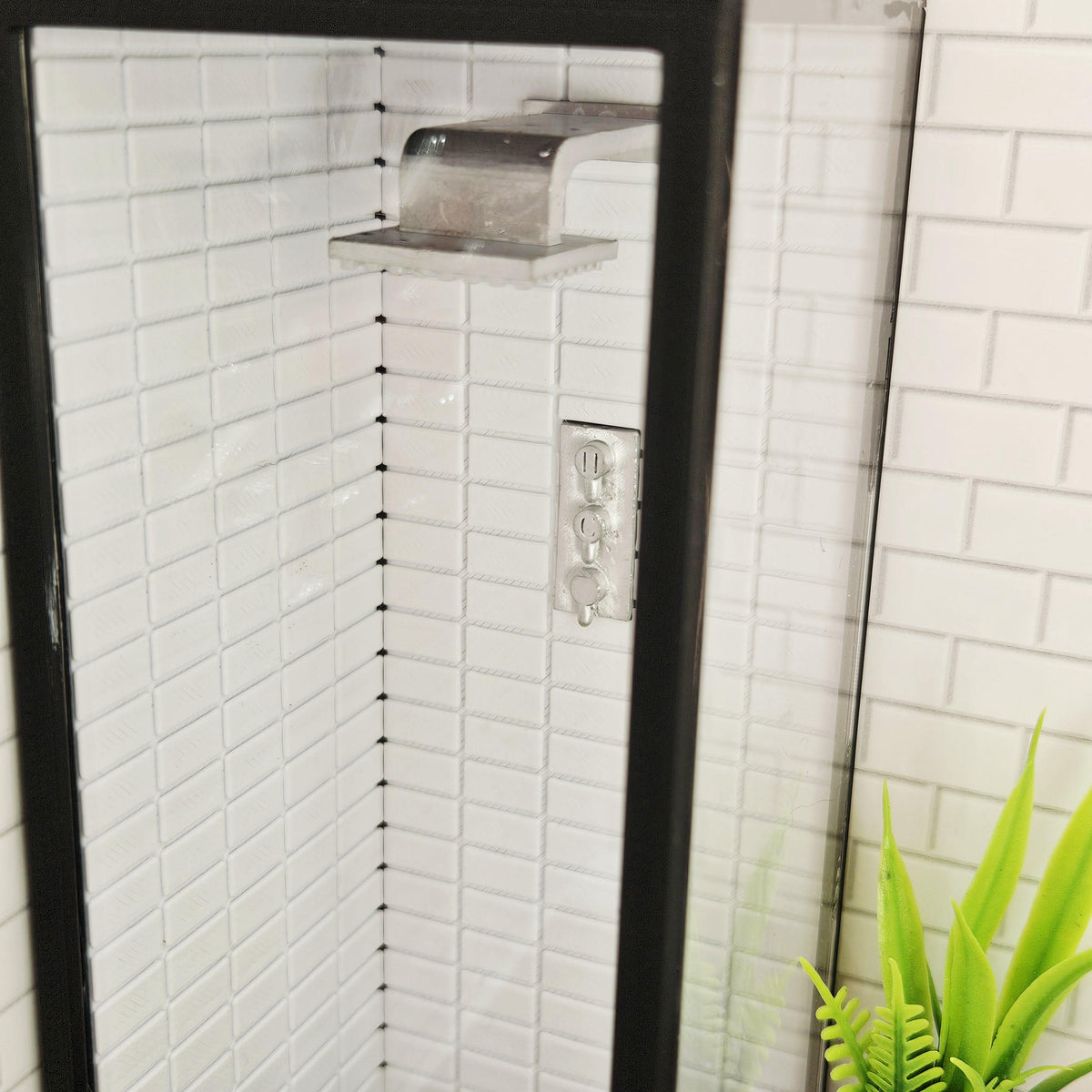 Dolls House Modern Shower Cubicle | Black Frame with Clear Door | Metro Tile Interior | 1:12 Scale