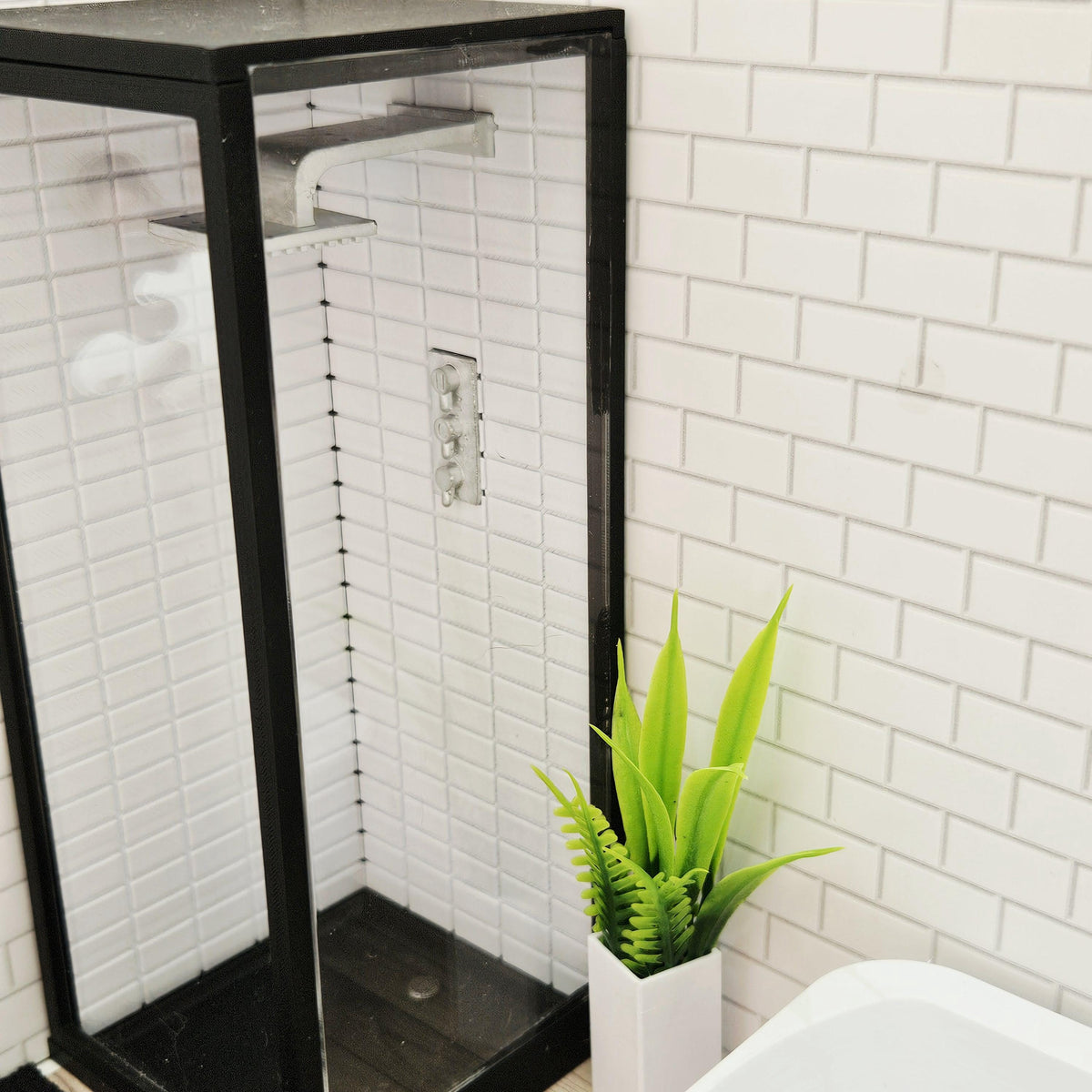 Dolls House Modern Shower Cubicle | Black Frame with Clear Door | Metro Tile Interior | 1:12 Scale