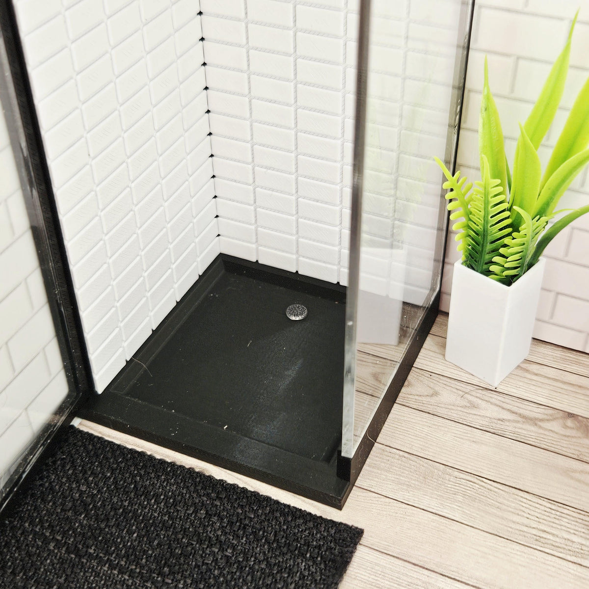 Dolls House Modern Shower Cubicle | Black Frame with Clear Door | Metro Tile Interior | 1:12 Scale