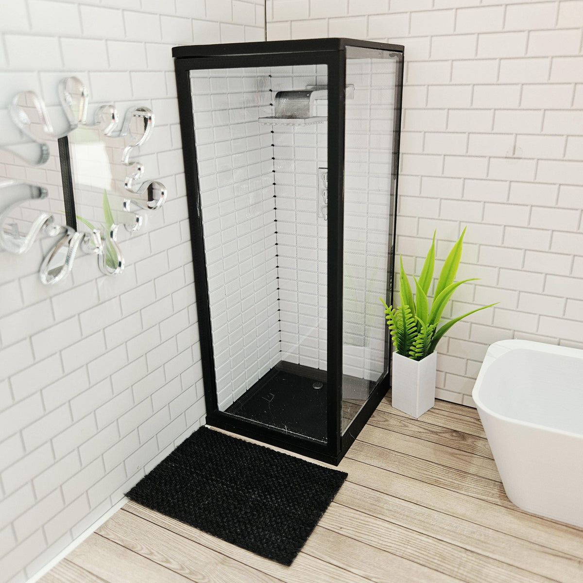 Dolls House Modern Shower Cubicle | Black Frame with Clear Door | Metro Tile Interior | 1:12 Scale