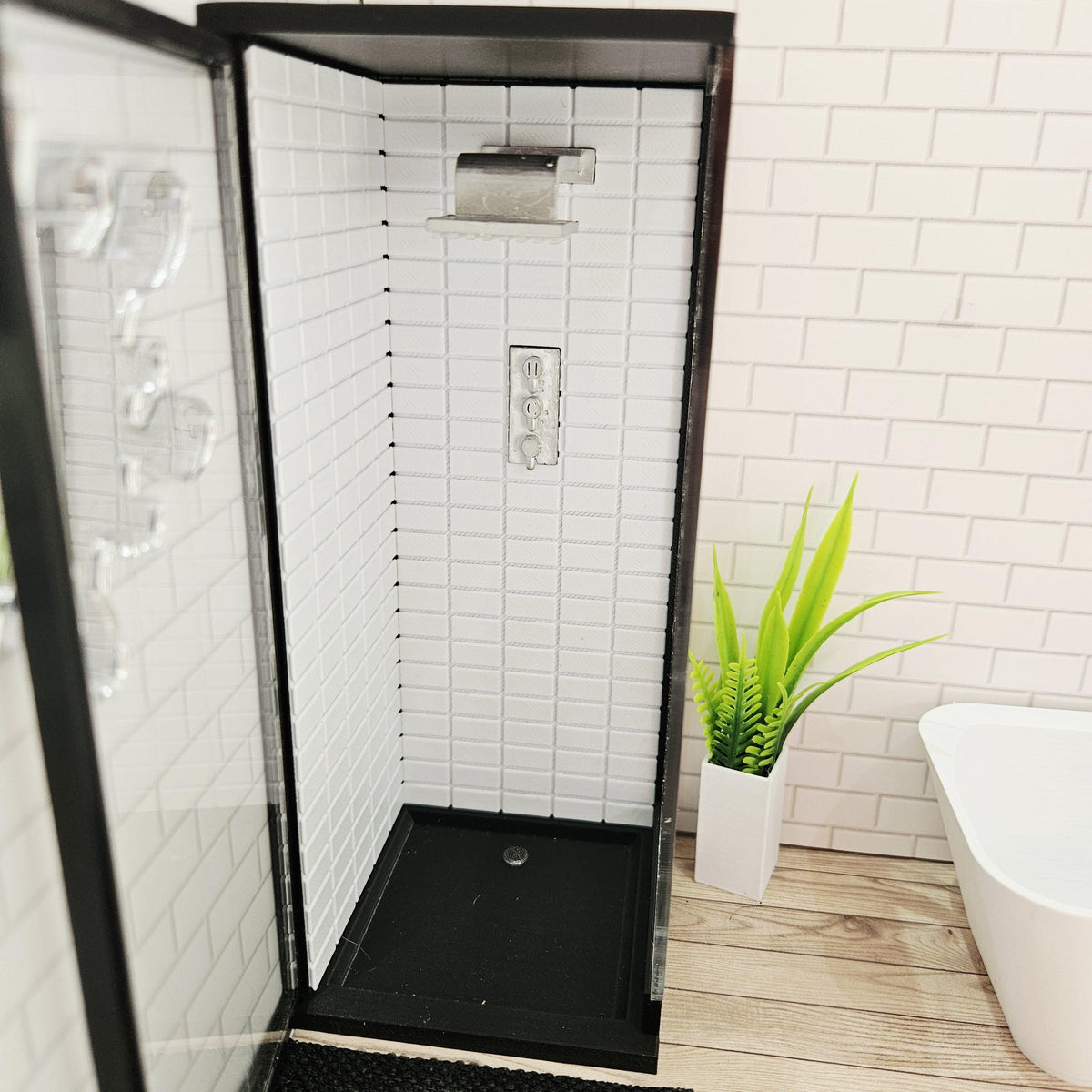 Dolls House Modern Shower Cubicle | Black Frame with Clear Door | Metro Tile Interior | 1:12 Scale