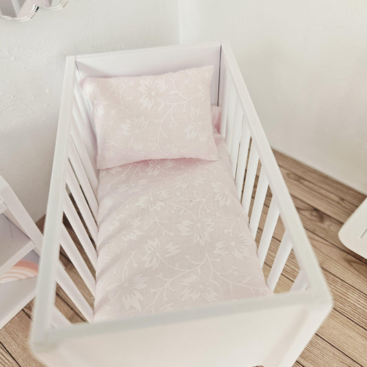 Pink/White Ditsy Floral Cot Bedding – alternate view 2 | 1:12 scale dolls house miniature