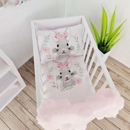 Rabbit Design Cot Bedding Set – alternate view 2 | 1:12 scale dolls house miniature